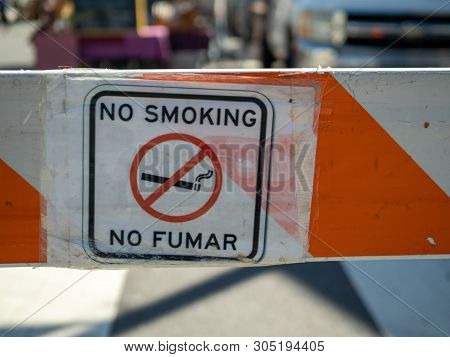 No Fumar No Smoking Sign Symbol Sign Posted On Barricade