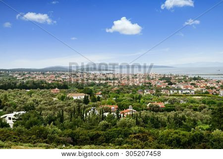 high angle cityscape view of small fishing town Urla in Izmir Turkey