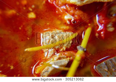 Macro, Red Spicy Pork Sauce With Chicken Blood Cube. The Local Food Of Northern's Thailand, Call 