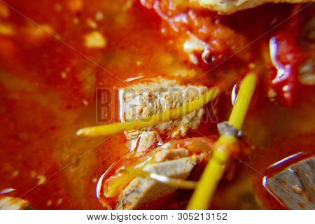 Macro, Red Spicy Pork Sauce With Chicken Blood Cube. The Local Food Of Northern's Thailand, Call 
