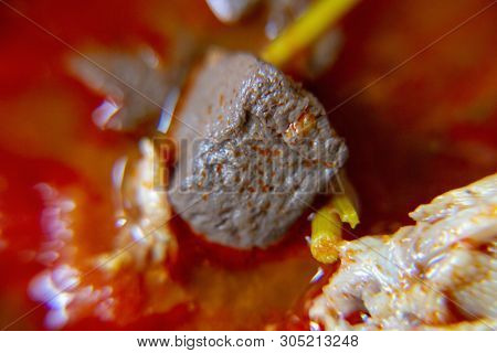 Macro, Spicy Chicken Paw Sauce With Chicken Blood Cube. The Local Food Of Northern's Thailand, Call 