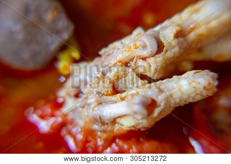 Macro, Spicy Chicken Paw Sauce With Chicken Blood Cube. The Local Food Of Northern's Thailand, Call 