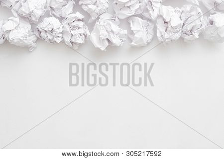 Inspiration Crisis. Flat Lay Of Wasted Crumpled Paper Ball Pile On White Surface. Abstract Backgroun