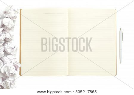 Business Planning. Flat Lay Of Crumpled Paper Ball Pile, Mockup Note Pad And Pen Isolated On White B