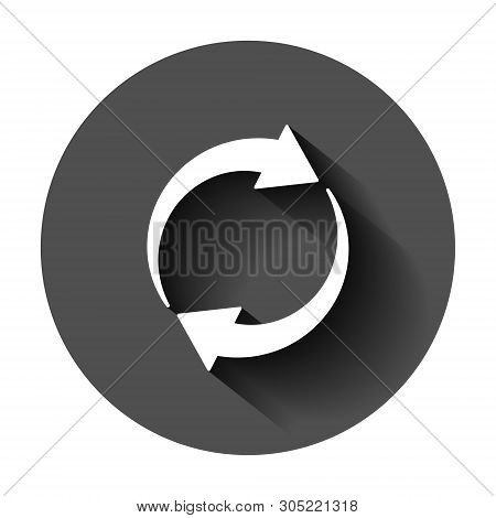 Arrow Rotation Icon In Flat Style. Sync Action Vector Illustration On Black Round Background With Lo