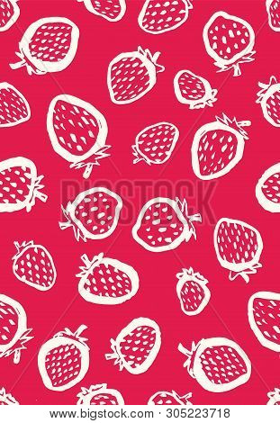 Seamless Vector Background Pattern With White Strawberries Outlines On Vibrant Pink Background. Surf
