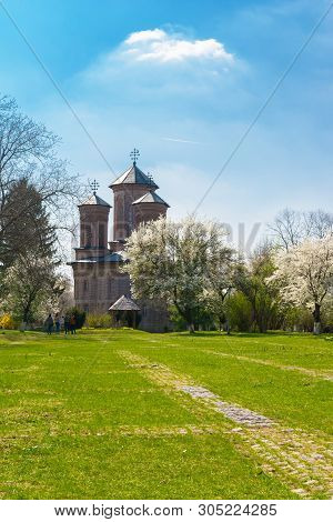Snagov, Romania - March 30, 2019: View Of The Courtyard Of Snagov Monastery.