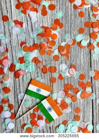 India Independence Day 15 August, Two Mini India Flags With Confetti Three Colors Green Orange And W