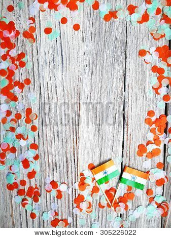 India Independence Day 15 August, Two Mini India Flags With Confetti Three Colors Green Orange And W