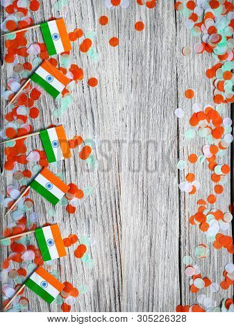 India Independence Day 15 August, Many Mini India Flags With Confetti Three Colors Green Orange And 