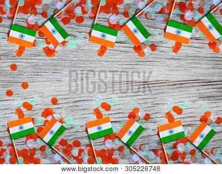 India Independence Day 15 August, India Mini Flags With Confetti Three Colors Green Orange And White