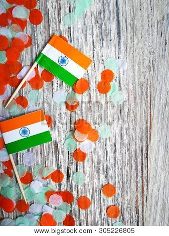 India Independence Day 15 August, Two Mini India Flags With Confetti Three Colors Green Orange And W