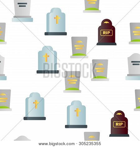 Headstone, Gravestone, Tombstone Color Icons Seamless Pattern. Headstone, Granite Grave, Cross Linea