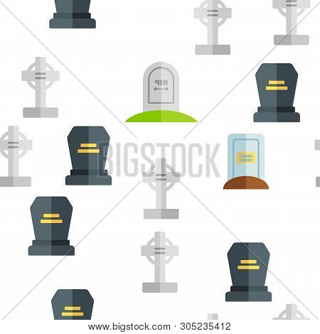 Headstone, Gravestone, Tombstone Color Icons Seamless Pattern. Headstone, Granite Grave, Cross Linea