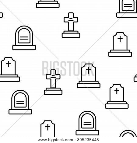 Headstone, Gravestone, Tombstone Color Icons Seamless Pattern. Headstone, Granite Grave, Cross Linea