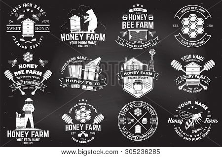 Set Of Honey Bee Farm Badge. Vector On The Chalkboard. Concept For Shirt, Print, Stamp Or Tee. Vinta