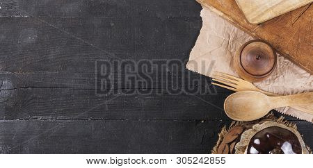 Wooden Kitchen Equipment On A Dark Wooden Background. View From Above