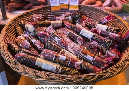 Munich, Germany - November 23, 2018 :counters And Showcases Of Butcher Shops At The Viktualienmarkt 