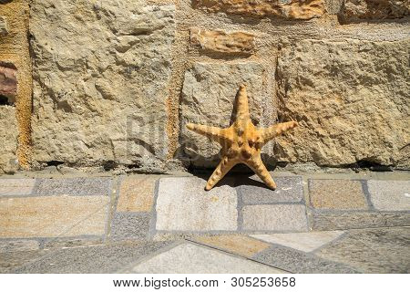 Starfish At The Stone Street Wall Of A South Town. Hard Light Of Midday Sun. Hot Weather. Summer Hol