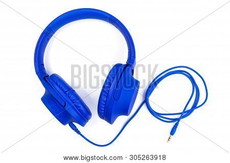 Headphones Isolated On A White Background, Blue Headphone.
