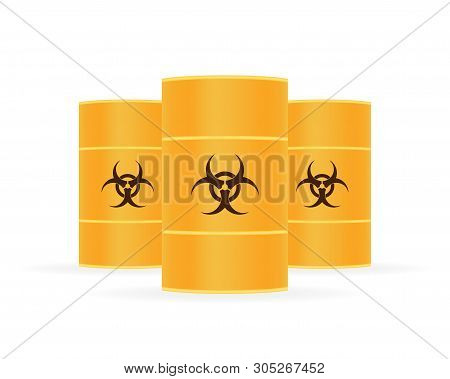 Barrels Of Biohazard Waste, Radioactive Waste On White Background. Vector Stock Illustration.