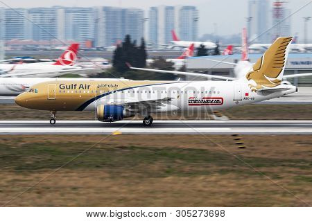 Istanbul / Turkey - March 27, 2019: Gulf Air Airbus A320 A9c-aq Passenger Plane Departure At Istanbu