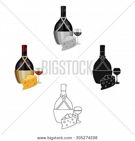 A Bottle Of Alcohol, Wine In A Glass And Cheese. Alcohol Single Icon In Cartoon, Black Style Vector 