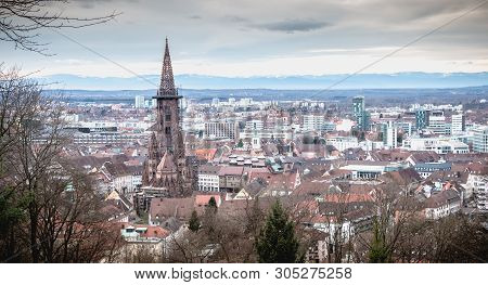 Aerial View Of The Clock Tower Of The Freiburg Munster Cathedral