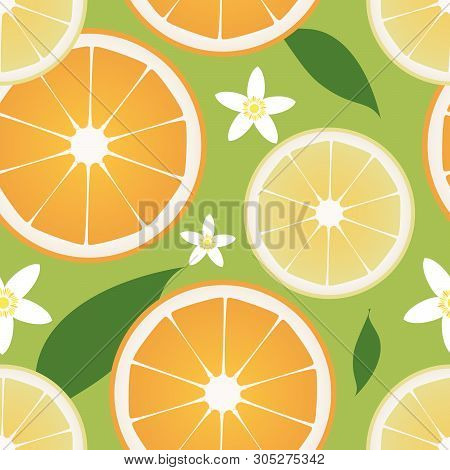 Seamless Pattern Of Lemon And Orange Slices And Orange Blossom Flowers