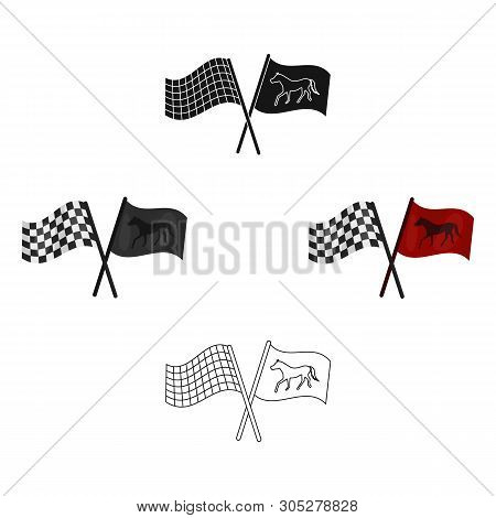 Crossed Checkered And Equestrian Flags Icon In Cartoon, Black Style Isolated On White Background. Hi