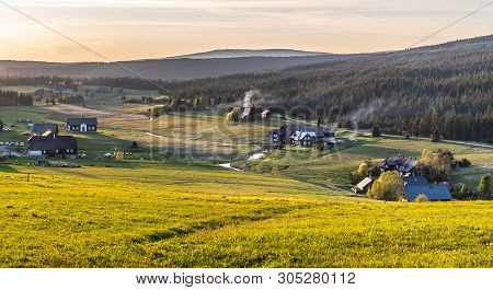 Jizerka Village At Sunset Time. View From Bukovec Mountain, Jizera Mountains, Czech Republic