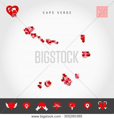 I Love Cape Verde. Red And Pink Hearts Pattern Vector Map Of Cape Verde Isolated On Grey Background.