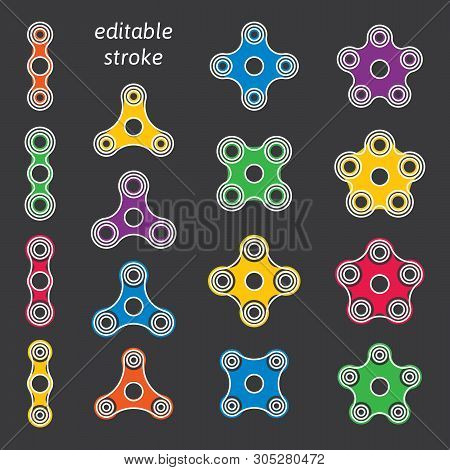 Set Of Fidget Hand Spinner Icons With Editable Stroke. Two, Three, Four, Five Arms Toys For Stress R