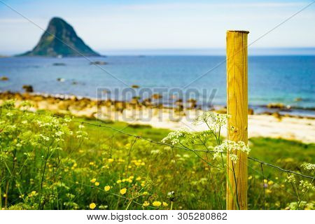 Seascape, Sea Coast With Sandy Beach And Island Bleiksoya In The Distance, Resort Bleik Andoya Norwa