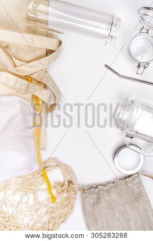 Use Less Plastic Concept. Eco Freindly, Zero Waste Background. Fabric Bags, Glass Jars, Metal Straws