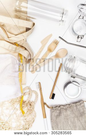 Use Less Plastic Concept. Eco Freindly, Zero Waste Background. Fabric Bags, Glass Jars, Metal Straws