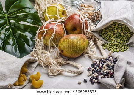Eco Friendly Bags For Shopping - Linen, Burlap, Mesh Bag. Pears And Grains - Green Lentil, Beans And
