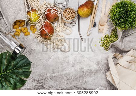 Use Less Plastic Concept. Eco Freindly, Zero Waste Background. Fabric Bags, Glass Jars, Metal Straws
