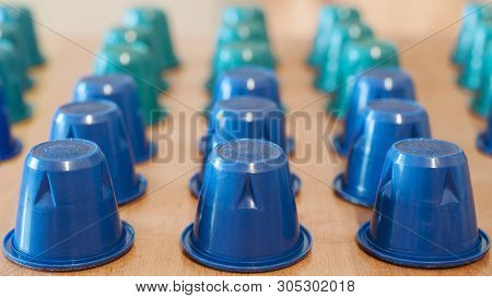 Rows Of Coffee Capsules For Espresso Coffee Machine, 16:9 Orizontal Shot