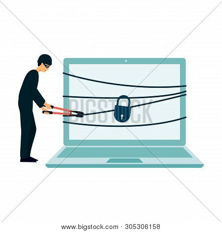 Hacker Thief Breaking Into Computer Security, Cartoon Character Man Hacking Lock And Chain On Modern