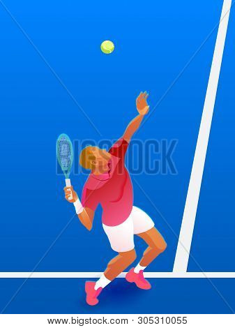 Vector Illustration Of A Male Tennis Player Making A Serve On A Hard Court