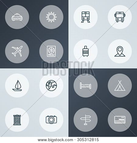 Exploration Icons Line Style Set With Bed, Airplane, Signpost And Other Bedstead Elements. Isolated 