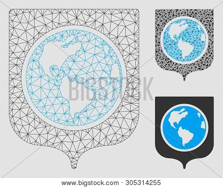 Mesh Earth Shield Model With Triangle Mosaic Icon. Wire Carcass Polygonal Mesh Of Earth Shield. Vect
