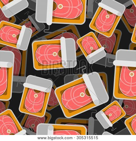 Canned Fish Pattern Seamless. Preserve Piscine tinned Goods Background. Vector Ornament. Food Textur