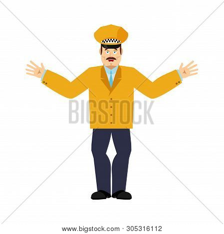 Taxi Driver Happy. Cabdriver Merry Emotions. Cabbie Joyful. Vector Illustration