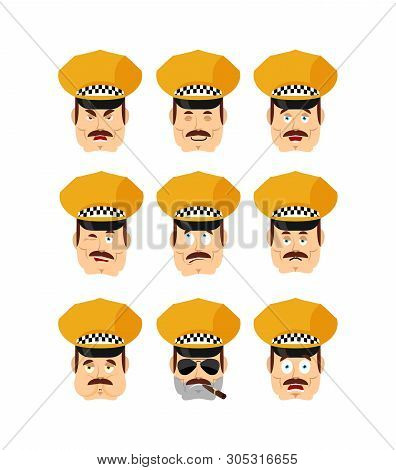 Taxi Driver Set Emoji Avatar. Sad And Angry Face. Guilty And Sleeping. Cabbie Sleeping Emotion Face.