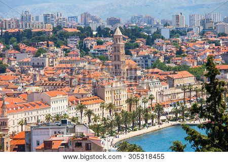 Old Town Of Split In Dalmatia, Croatia. Panoramic View Of City Center, Palace Of Roman Emperor Diocl
