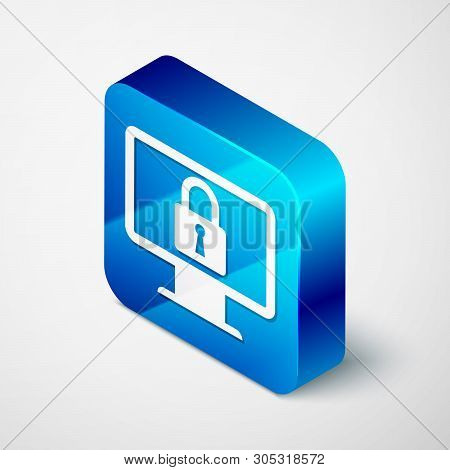 Isometric Lock On Computer Monitor Screen Icon Isolated On White Background. Monitor And Padlock. Se