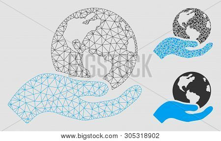 Mesh Earth Care Model With Triangle Mosaic Icon. Wire Carcass Polygonal Mesh Of Earth Care. Vector C
