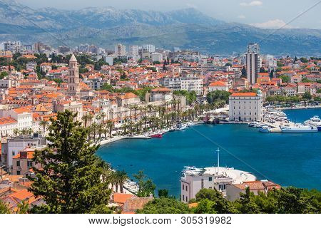 Old Town Of Split In Dalmatia, Croatia. Panoramic View Of City Center, Palace Of Roman Emperor Diocl